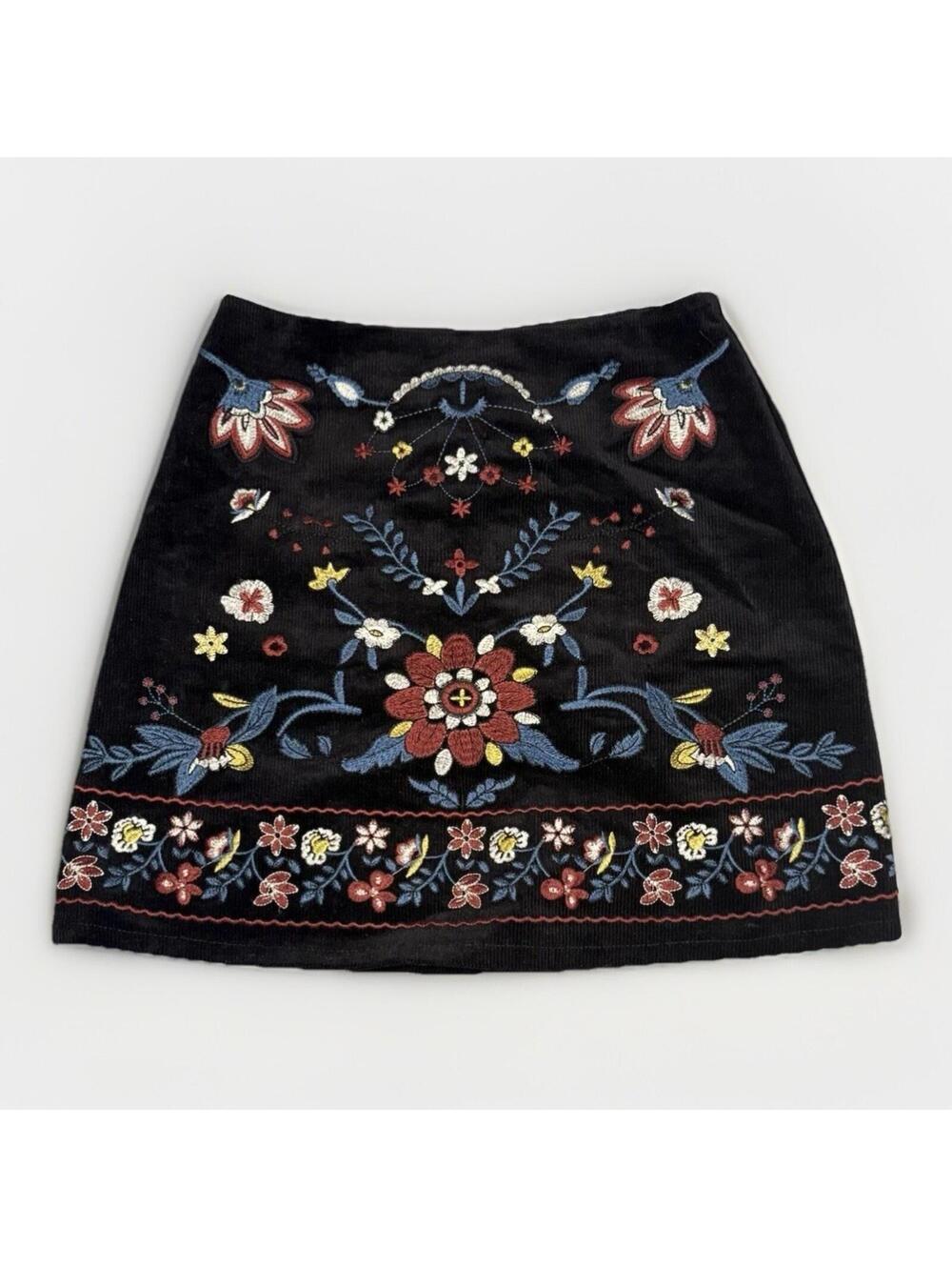 Miami Corduroy Skirt Embroidered‎ Floral A Line Mini Skirt Black Small